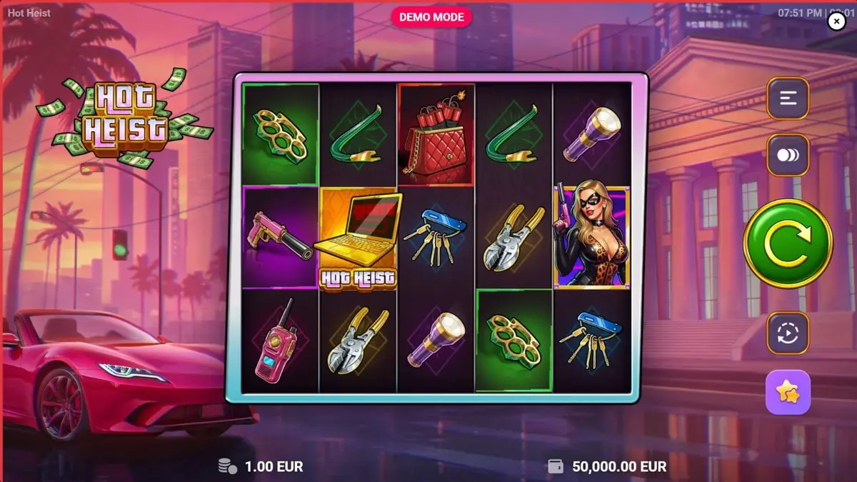 Tampilan antarmuka slot Hot Heist dengan tema neon dan peralatan perampokan.