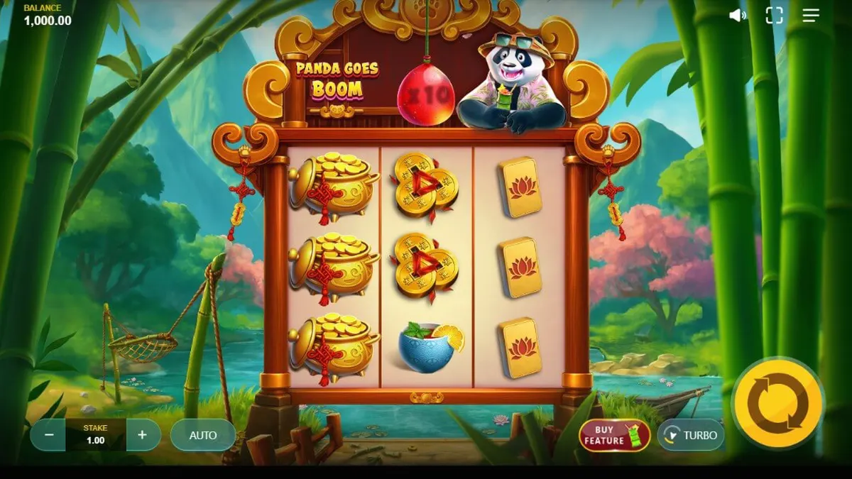 Panda Goes Boom slot dengan tema panda tropis dan fitur respin